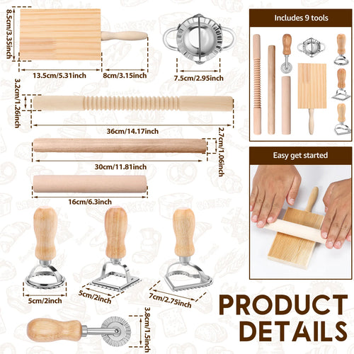 9 Pcs Pasta Making Tools Efficient Pasta Making Kit with Ravioli Stamp Cutters Rolling Pins Gnocchi Boards Dough Cutter Dumpling