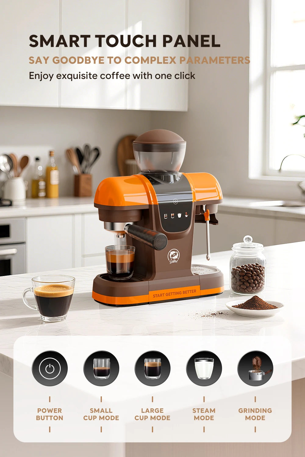 iCafilas Coffee Maker 19 Bar Semi Automatic Extraction Espresso Coffee Machine with Grinder Built In Steam milk coffee machine
