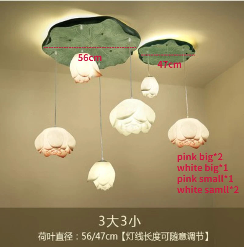 New Chinese Lotus Lamp Pendant Lamp Pink Lotus Glass Lustre Pendant Lights Living Dining Room Tea Room Lotus Lamp Home Decor