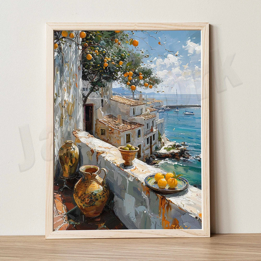 Mediterranean alley painting, seascape, lemons, jug, oranges and fish rural coast scenery, country port, nautical scene poster
