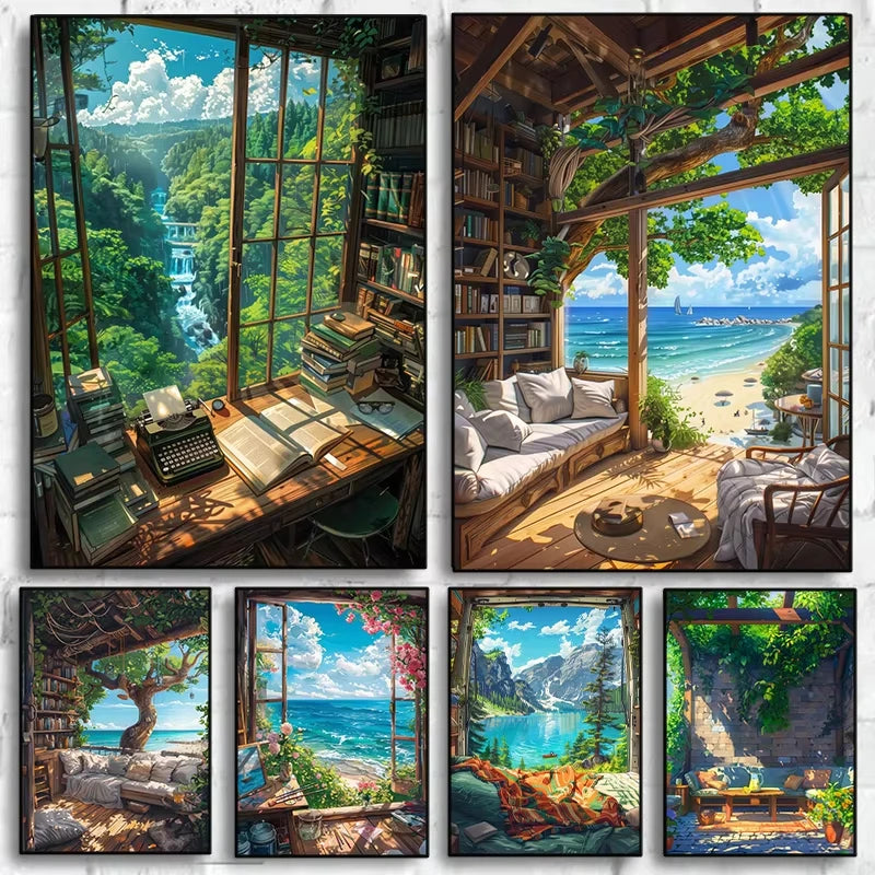 Modern Cartoon Seaside Cottage Summer Scenery Poster Coastal Villa Beach Life Canvas Painting Wall Art Living Room Home Decor