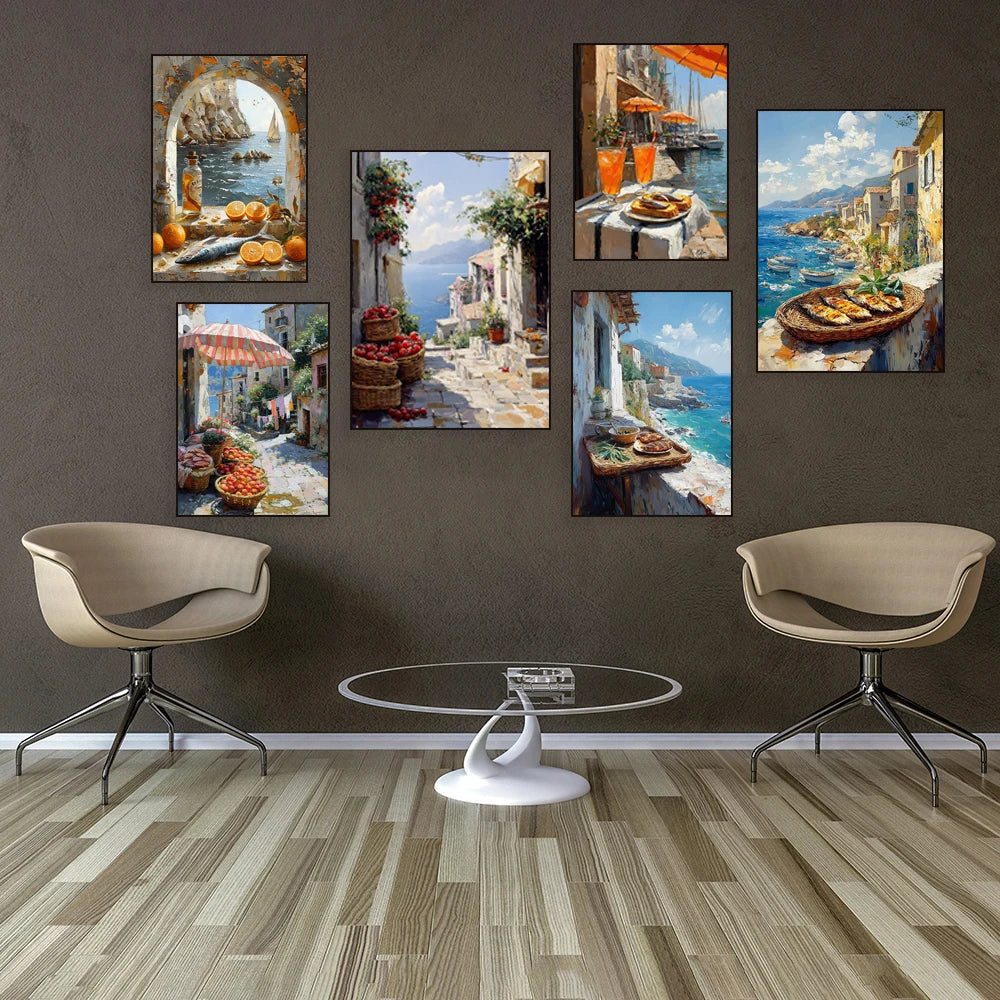 Mediterranean alley painting, seascape, lemons, jug, oranges and fish rural coast scenery, country port, nautical scene poster