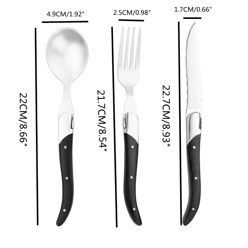 Laguiole Black Wood  Knives 6-Piece Black Wooden Handle Steak Knife Fork Spoon set Japanese Wood Cutlery Christmas Gift 8.7 in