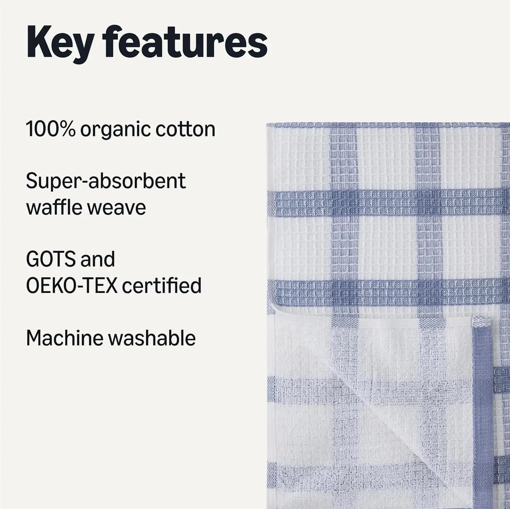 Organic cotton waffle-pattern kitchen dishcloths - highly absorbent, quick-drying, lint-free, 15 x 25 inches, 6-piece set (4 nav