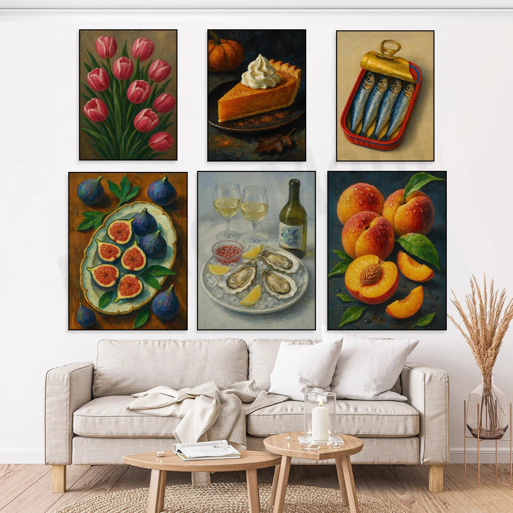 Canned sardines, botanical fruits, sardines, tulips, lemon tree, oyster shell oil, still life print, kitchen decoration poster