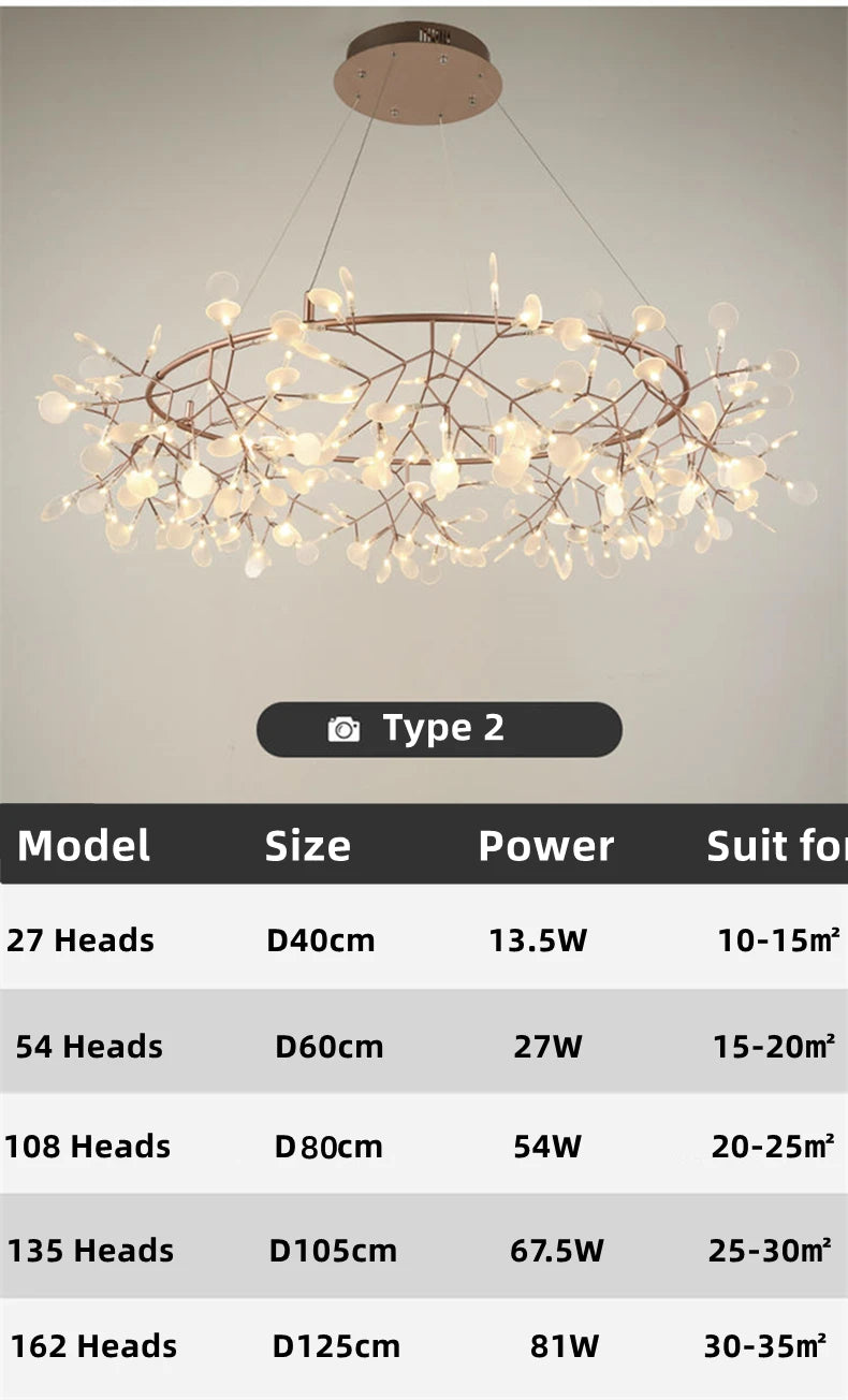 Nordic Chandelier Modern Luxury Living Room Kitchen Firefly Led Ceiling Pendant Lamp Indoor Creative Children's Room Ring Lights