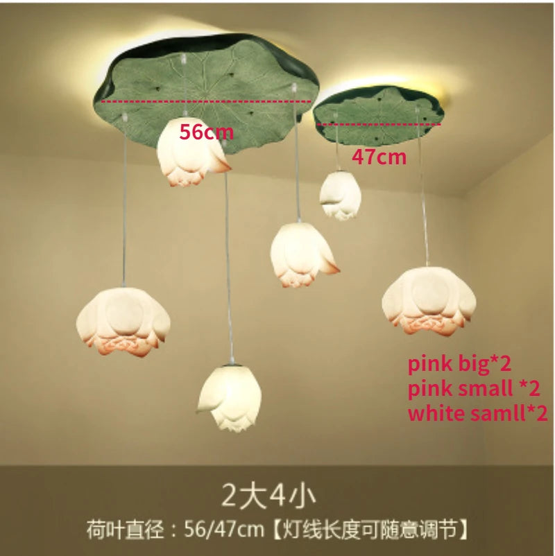 New Chinese Lotus Lamp Pendant Lamp Pink Lotus Glass Lustre Pendant Lights Living Dining Room Tea Room Lotus Lamp Home Decor