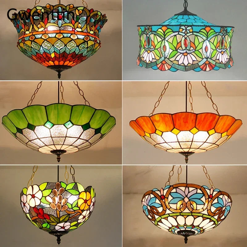 Mediterranean Tiffany Stained Glass Pendant Lights Vintage Hanging Lamp for Dining Room Kitchen Light Fixtures Home Art Decor