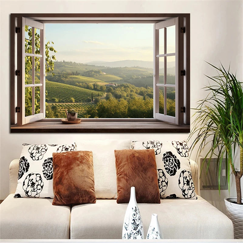 Open Window View Tuscany Paris Coastal Landscape Nordic Poster Canvas Painting Wall Art Pictures Home Living Room Decor