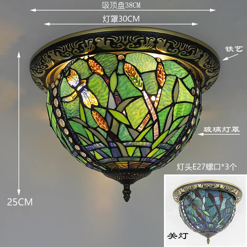 Tiffany Style Colored Glass Ceiling Lamp Retro American Art Deco Stained Glass Artistic for Living Room Dining Room Foyer