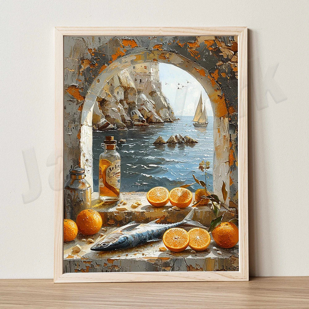 Mediterranean alley painting, seascape, lemons, jug, oranges and fish rural coast scenery, country port, nautical scene poster