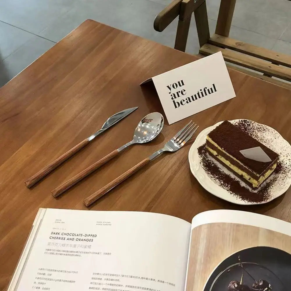 Creative Stainless Steel Spoon Fork Knife Portable Thickened Steak Knife Wood Grain Western Tableware Dessert Spoon