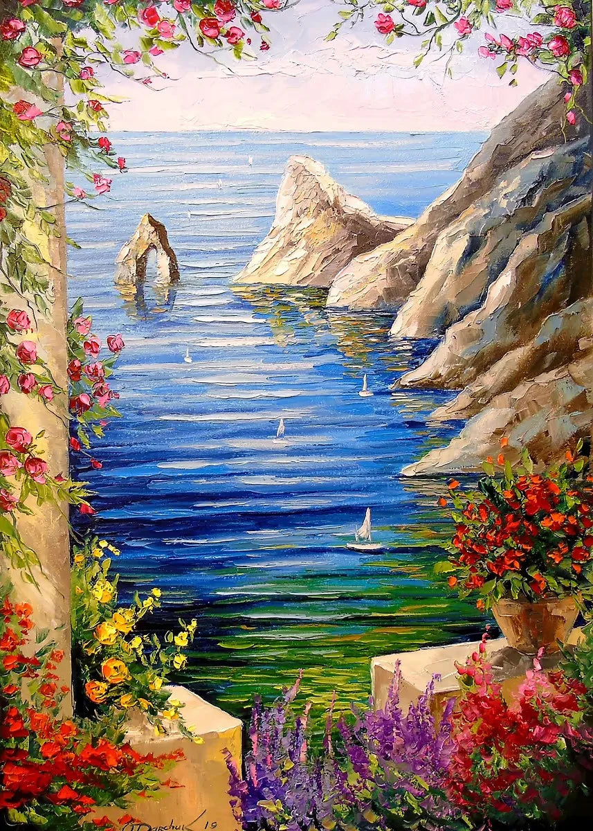 DIY Oil Painting By Numbers Kits Mediterranean Santorini Greece Village Paint with NumbersHome Decor, Wall Art Perfect Gift,