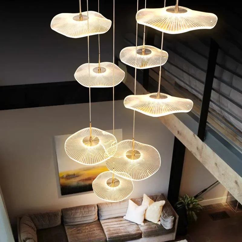 Modern LED Lotus Chandelier For Staircase Dining Room Luxury Gold Indoor Hanging Lamp Nordic Loft Long Creative Lighting Fixture