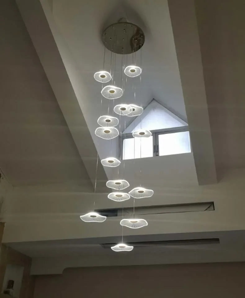 Modern LED Lotus Chandelier For Staircase Dining Room Luxury Gold Indoor Hanging Lamp Nordic Loft Long Creative Lighting Fixture