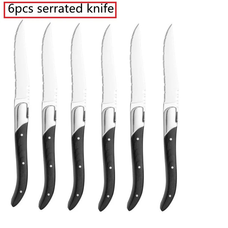 Laguiole Black Wood  Knives 6-Piece Black Wooden Handle Steak Knife Fork Spoon set Japanese Wood Cutlery Christmas Gift 8.7 in