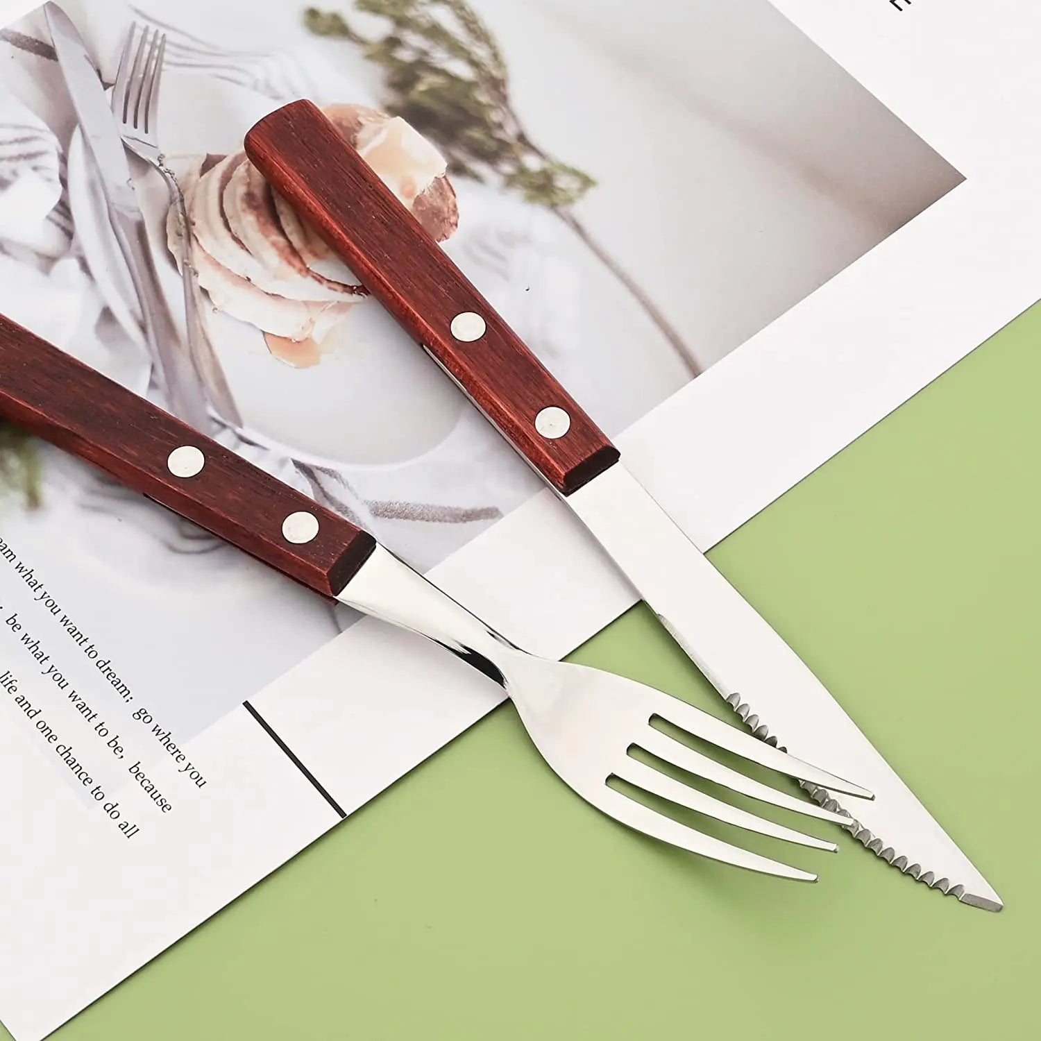 8Pcs Silver Wooden Handle Steak Knife Dinnerware Set Stainless Steel Flatware Sharp Knife Set Tableware Cutlery Knives Set