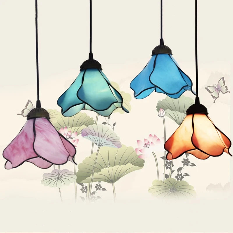 Tiffany Lotus Pendant Lamp Ceiling Light Fixture Vintage Mediterranean Restaurant Hanging Lamps Bedroom Living Room Aisle Decor
