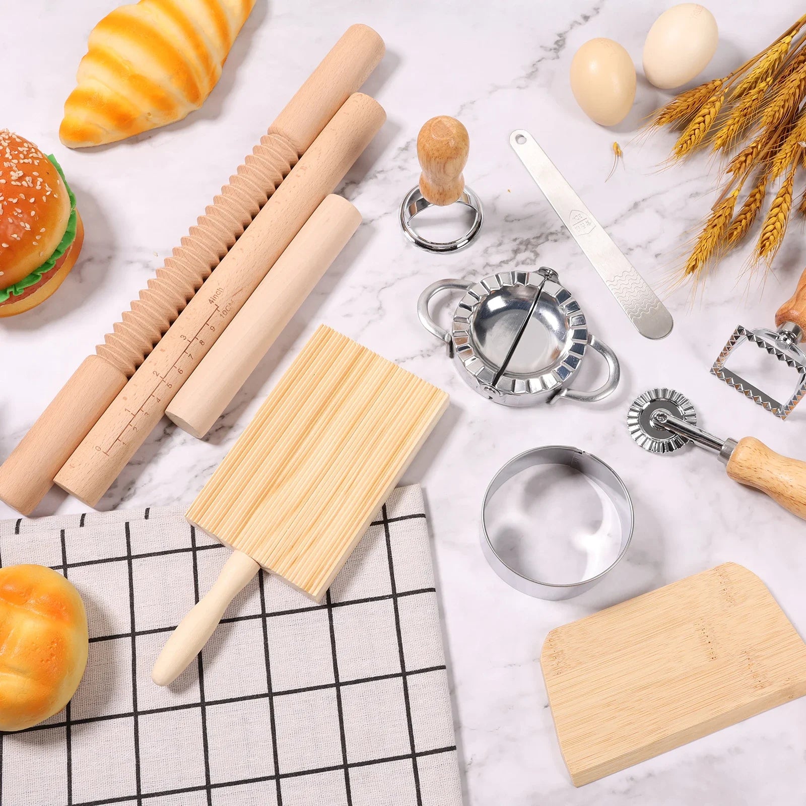 11Pcs Pasta Making Tools Kit Efficient Pasta Making Set w/ Wooden Threaded Rolling Pin Gnocchi Board Dough Cutter Dumpling Maker