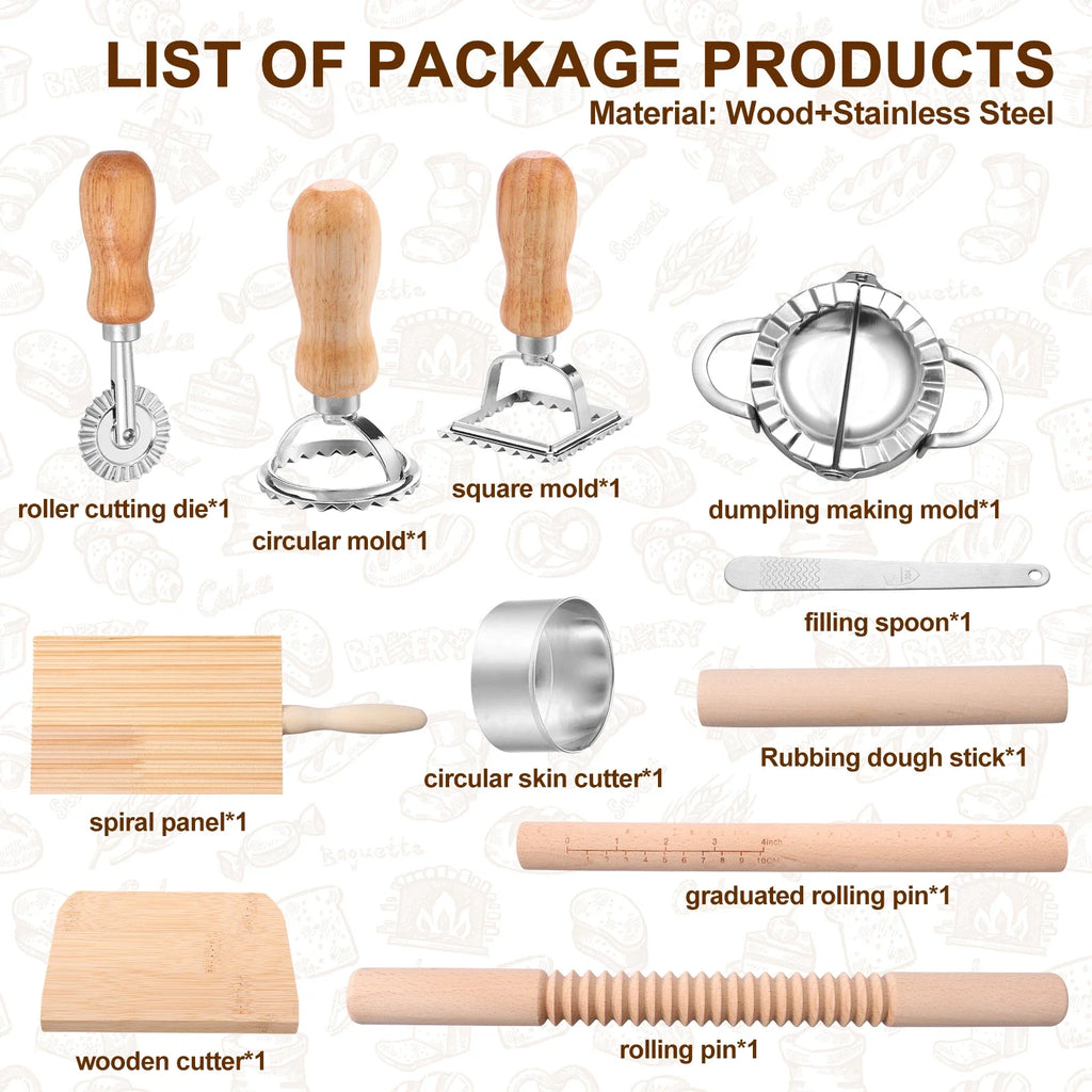 11Pcs Pasta Making Tools Kit Efficient Pasta Making Set w/ Wooden Threaded Rolling Pin Gnocchi Board Dough Cutter Dumpling Maker