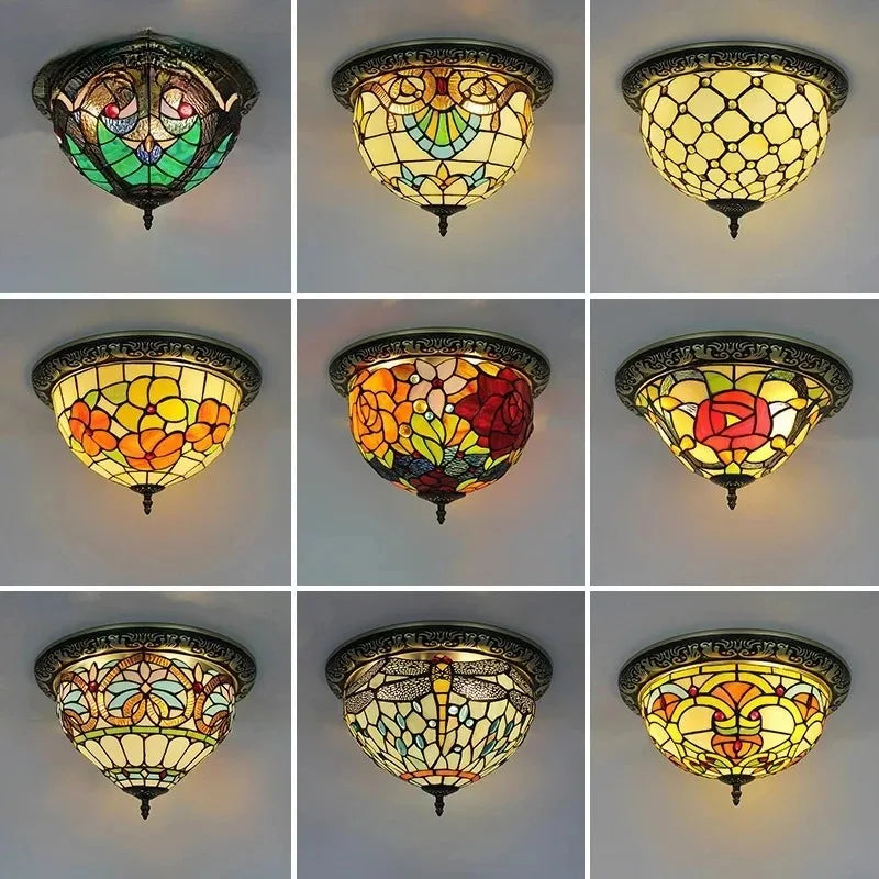 Tiffany Style Colored Glass Ceiling Lamp Retro American Art Deco Stained Glass Artistic for Living Room Dining Room Foyer