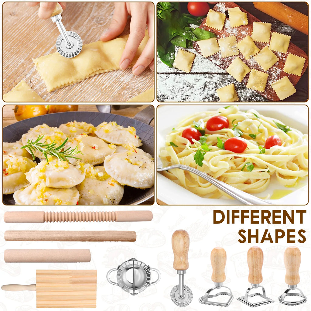 9 Pcs Pasta Making Tools Efficient Pasta Making Kit with Ravioli Stamp Cutters Rolling Pins Gnocchi Boards Dough Cutter Dumpling