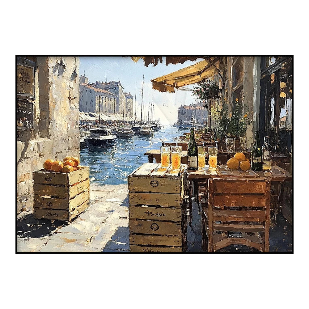 Mediterranean alley painting, seascape, lemons, jug, oranges and fish rural coast scenery, country port, nautical scene poster