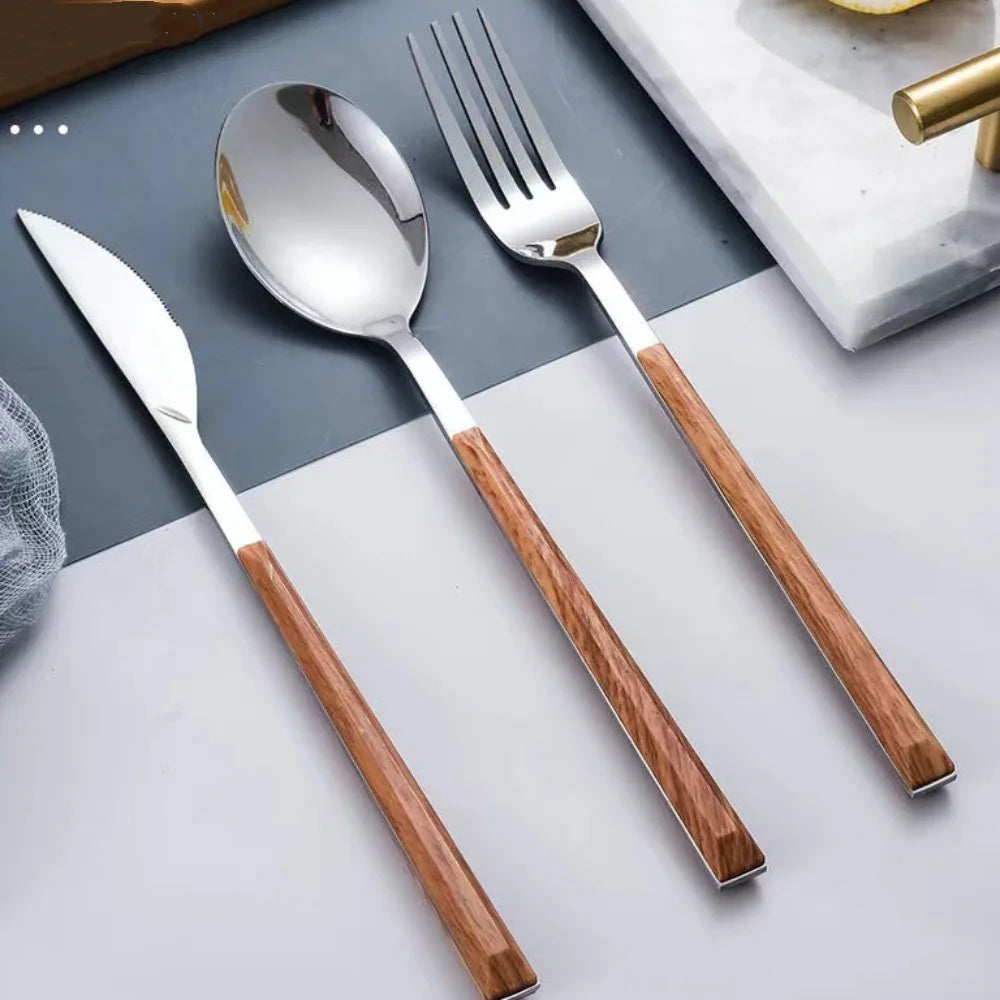 Creative Stainless Steel Spoon Fork Knife Portable Thickened Steak Knife Wood Grain Western Tableware Dessert Spoon