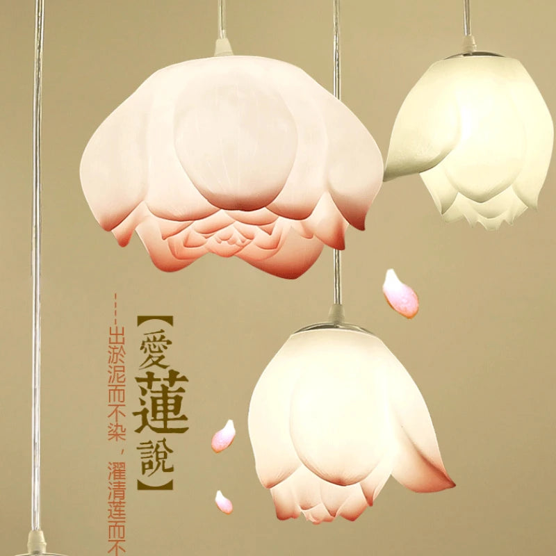 New Chinese Lotus Lamp Pendant Lamp Pink Lotus Glass Lustre Pendant Lights Living Dining Room Tea Room Lotus Lamp Home Decor