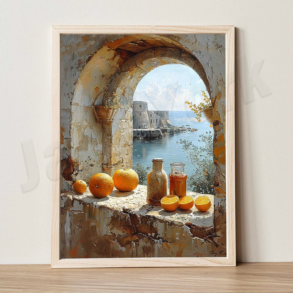 Mediterranean alley painting, seascape, lemons, jug, oranges and fish rural coast scenery, country port, nautical scene poster
