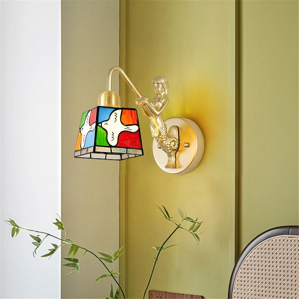 French Tiffany Stained Glass Bird Metal Gold Led Wall Lamp Living Room Bedroom Stairs Aisle Decoration Sconces Home Night Light