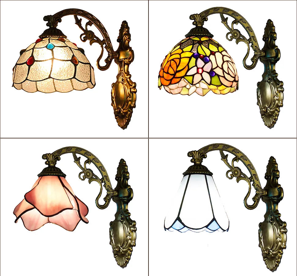 European Tiffany Colorful Glass Wall Lamp Bedroom Bedside Lamp Retro Creative Dining Room Balcony Aisle Staircase Light