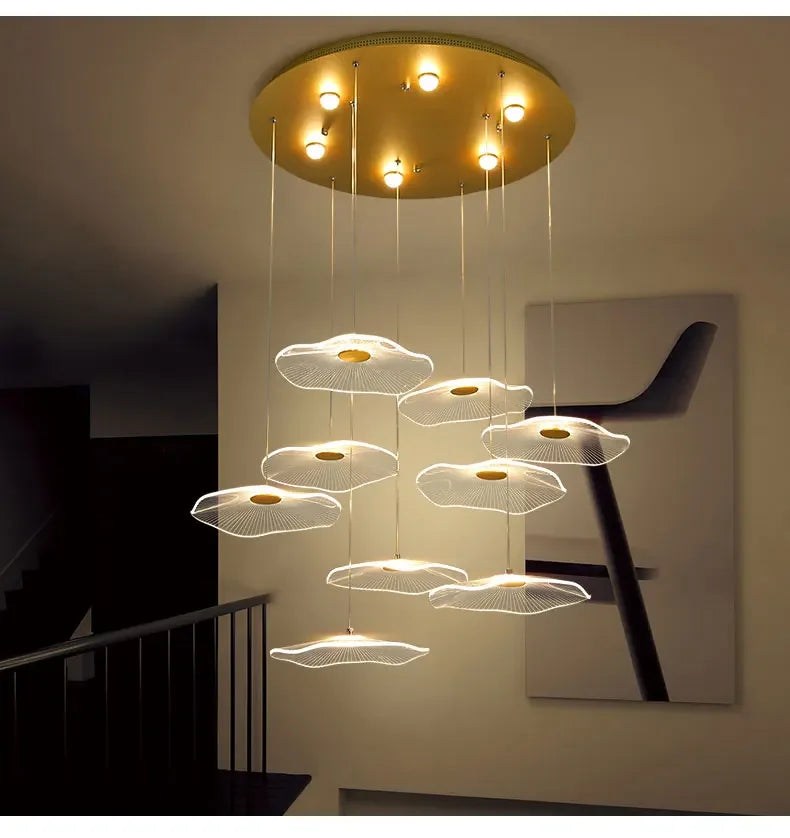 Modern LED Lotus Chandelier For Staircase Dining Room Luxury Gold Indoor Hanging Lamp Nordic Loft Long Creative Lighting Fixture