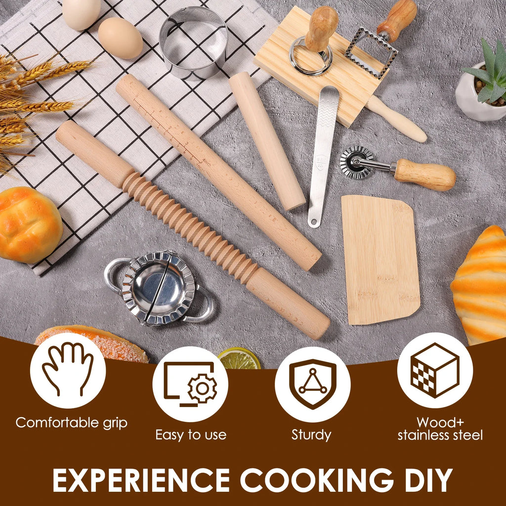 11Pcs Pasta Making Tools Kit Efficient Pasta Making Set w/ Wooden Threaded Rolling Pin Gnocchi Board Dough Cutter Dumpling Maker