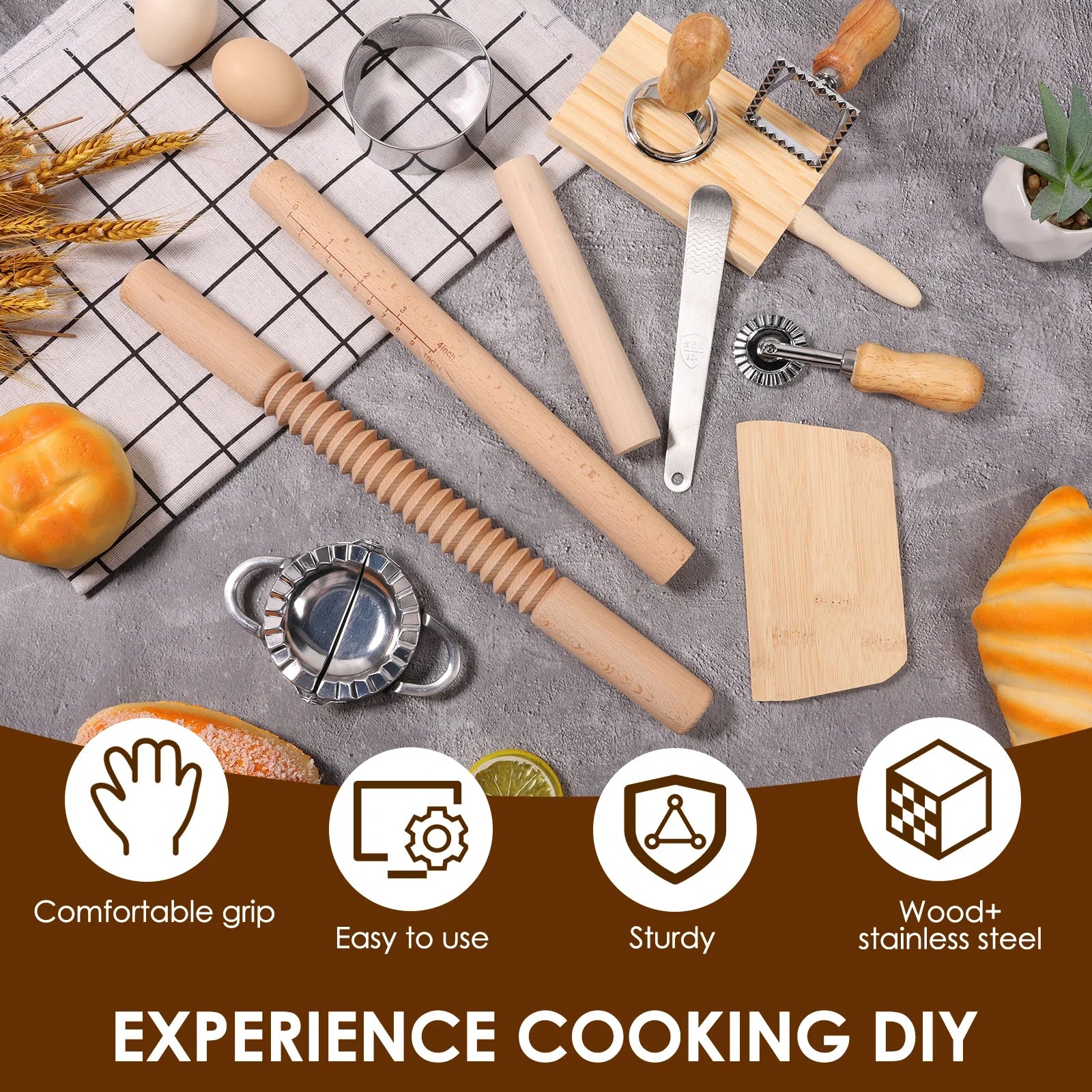 11Pcs Pasta Making Tools Kit Efficient Pasta Making Set w/ Wooden Threaded Rolling Pin Gnocchi Board Dough Cutter Dumpling Maker