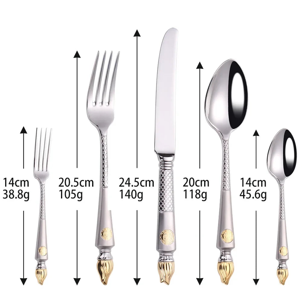 Stainless Steel Steak Knife and Fork Set, Luxurious Gold Plated, Sandblasted Torch Knife, Fork Spoon, Western Food Tableware