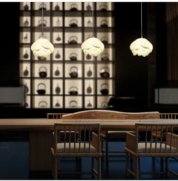 New Chinese Lotus Lamp Pendant Lamp Pink Lotus Glass Lustre Pendant Lights Living Dining Room Tea Room Lotus Lamp Home Decor