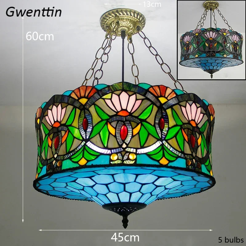 Mediterranean Tiffany Stained Glass Pendant Lights Vintage Hanging Lamp for Dining Room Kitchen Light Fixtures Home Art Decor
