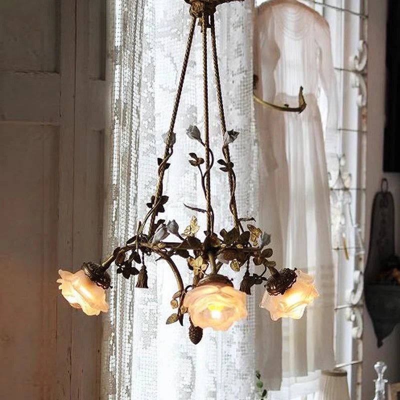 Floral lamp vintage Led copper Glass ceiling Chandelier,Dining room,Living Room,Restaurant decoration home lighting loft lamp
