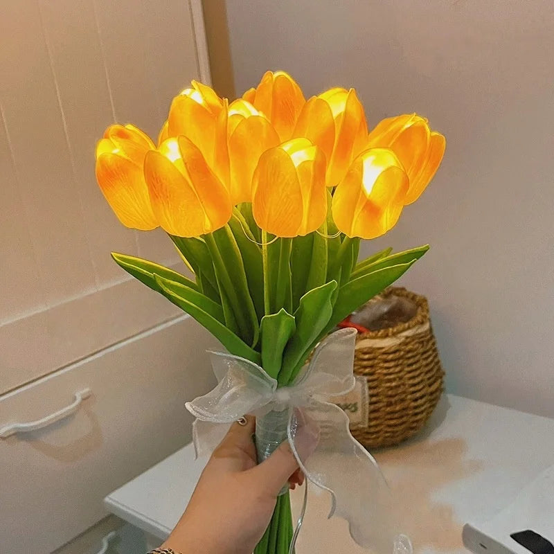10 Heads Luminous Tulip LED Night Light DIY Handmade Lamp Artificial Flower  Bridal Bouquet Christmas New Year Atmosphere Light