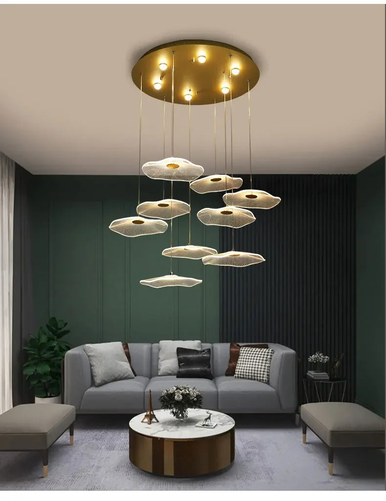 Modern LED Lotus Chandelier For Staircase Dining Room Luxury Gold Indoor Hanging Lamp Nordic Loft Long Creative Lighting Fixture