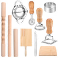 11Pcs Pasta Making Tools Kit Efficient Pasta Making Set w/ Wooden Threaded Rolling Pin Gnocchi Board Dough Cutter Dumpling Maker