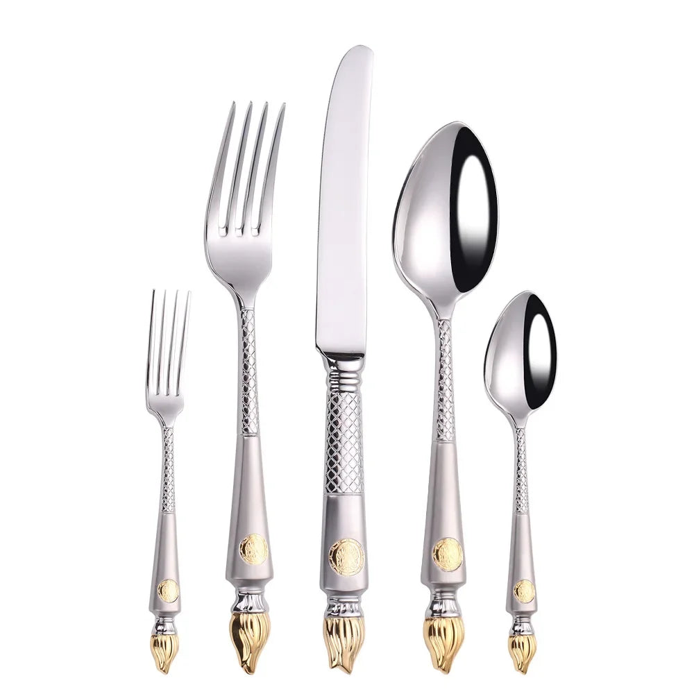 Stainless Steel Steak Knife and Fork Set, Luxurious Gold Plated, Sandblasted Torch Knife, Fork Spoon, Western Food Tableware