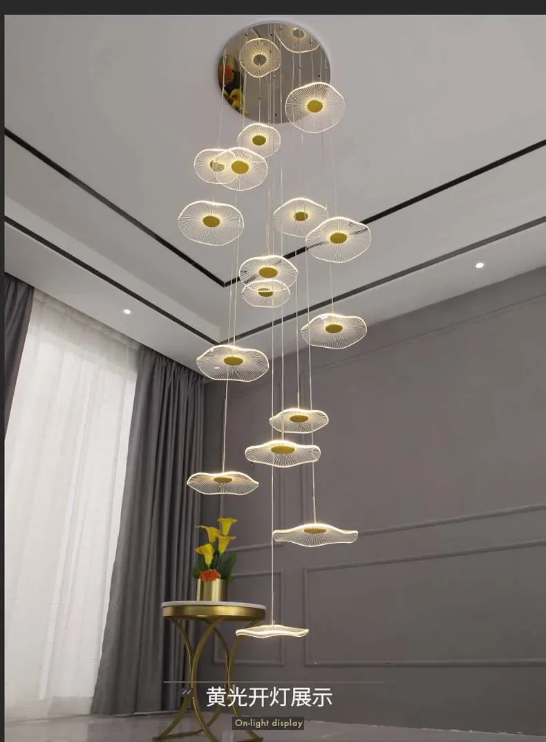 Modern LED Lotus Chandelier For Staircase Dining Room Luxury Gold Indoor Hanging Lamp Nordic Loft Long Creative Lighting Fixture