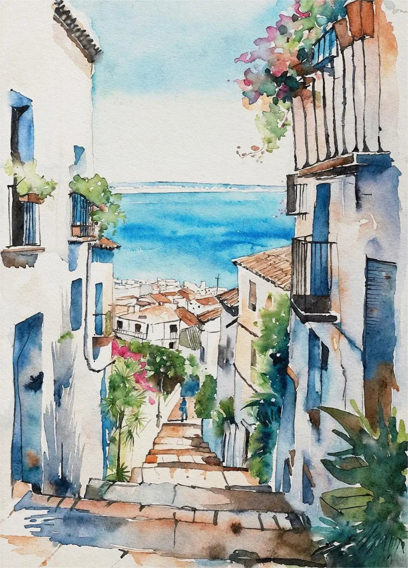 Paris Rome Santorini Coastal City Architecture landscape Watercolor Art Poster Canvas Paintings Wall Art Pictures Home Decor