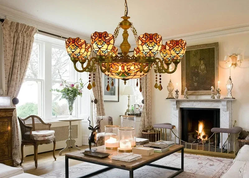 2026 Tiffany Retro Pendant Light Led Chandelier Creative Stained Glass Baroque Style Bar Bedroom Living Room Crystal