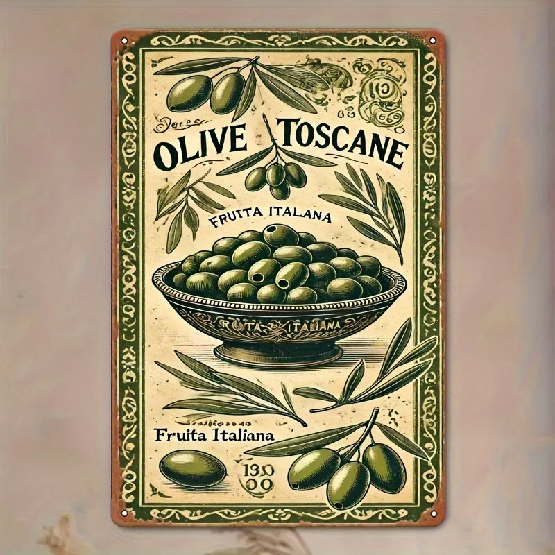 2D Flat, 2D Wall Art- Tuscan Olive Style Painting- Retro Metal Tin Picture, Art Decoration, Easy Installation, 19.81x29.97cm, In