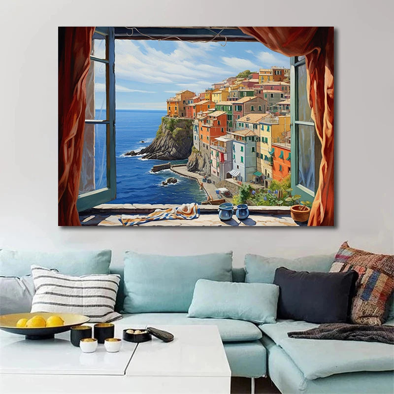 Open Window View Tuscany Paris Coastal Landscape Nordic Poster Canvas Painting Wall Art Pictures Home Living Room Decor