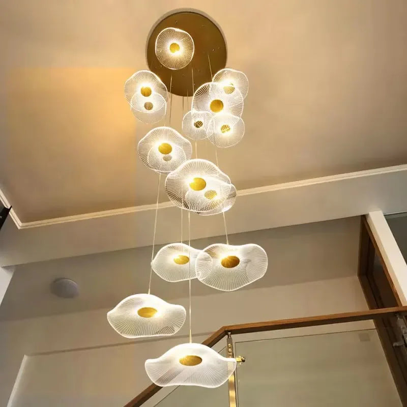 Modern LED Lotus Chandelier For Staircase Dining Room Luxury Gold Indoor Hanging Lamp Nordic Loft Long Creative Lighting Fixture