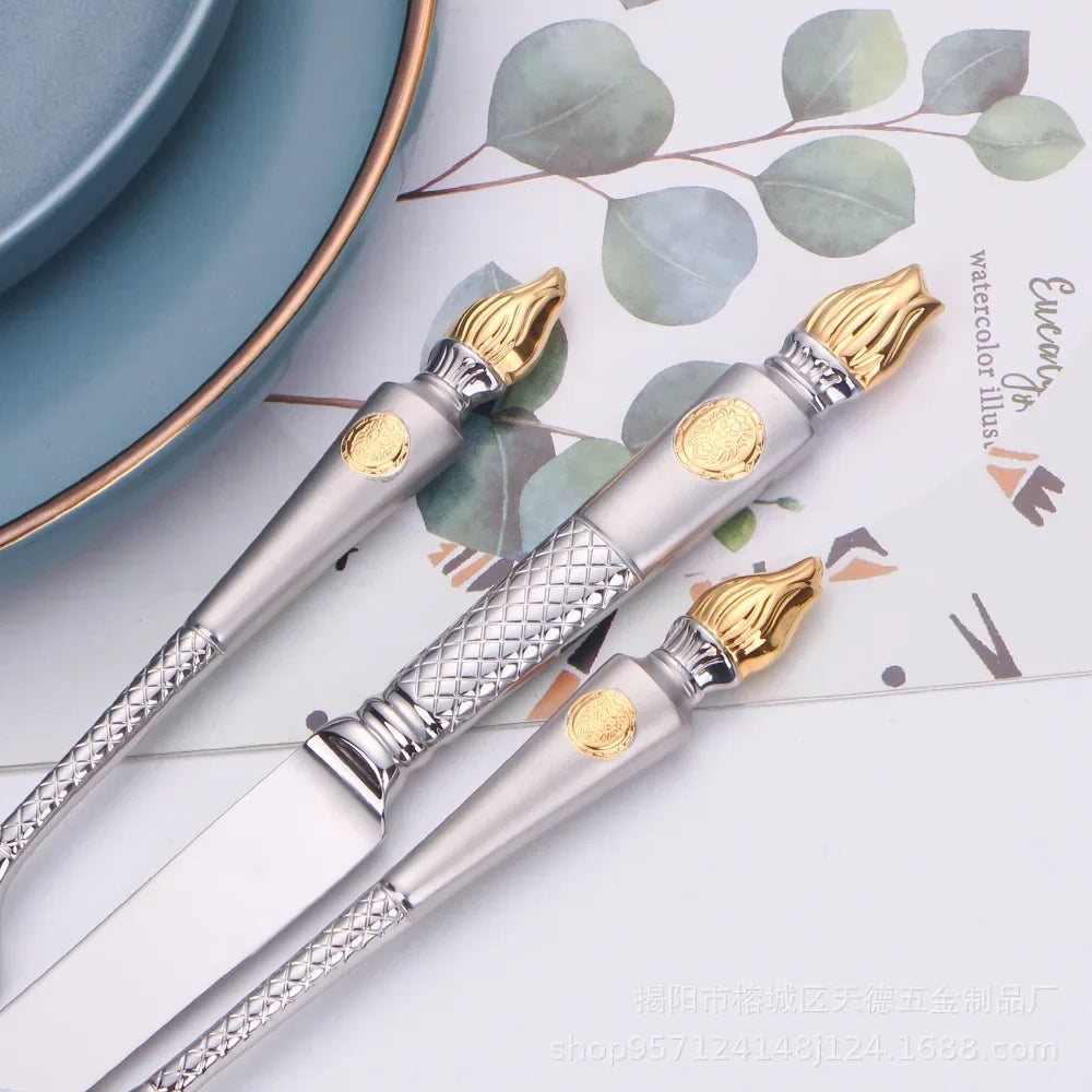Stainless Steel Steak Knife and Fork Set, Luxurious Gold Plated, Sandblasted Torch Knife, Fork Spoon, Western Food Tableware